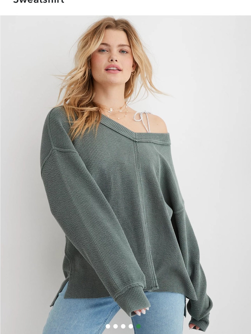 aerie Relaxed Off-Shoulder Waffle Knit Sweater - Sage Green